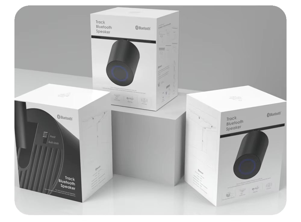 Packaging of a Bluetooth speaker with a gray background