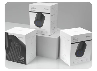 Packaging of a Bluetooth speaker with a gray background